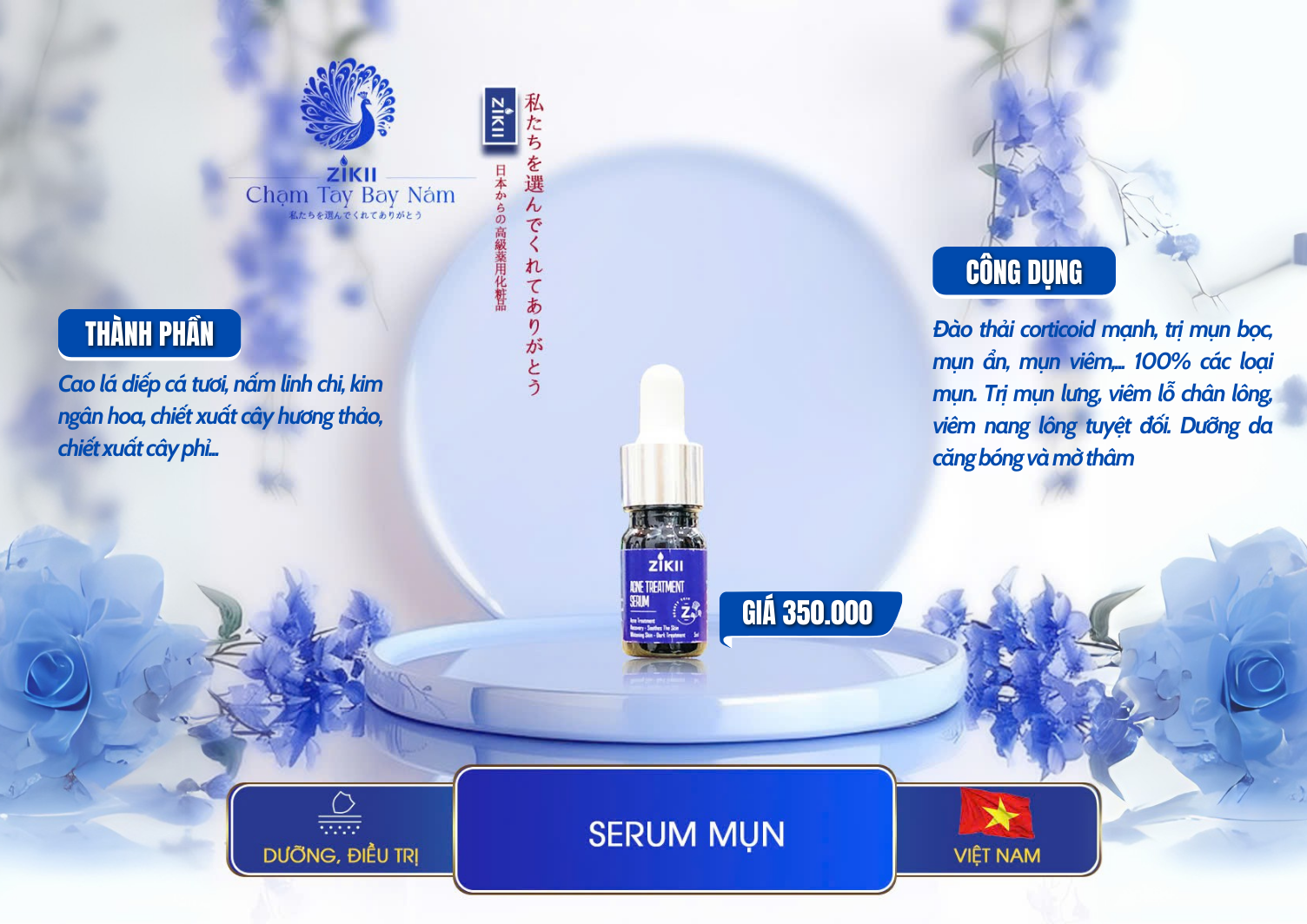 Serum mụn ZIKII là sản phẩm giúp giảm viêm, kiểm soát dầu,se khít lỗ chân lông và phục hồi làn da tổn thương do mụn.